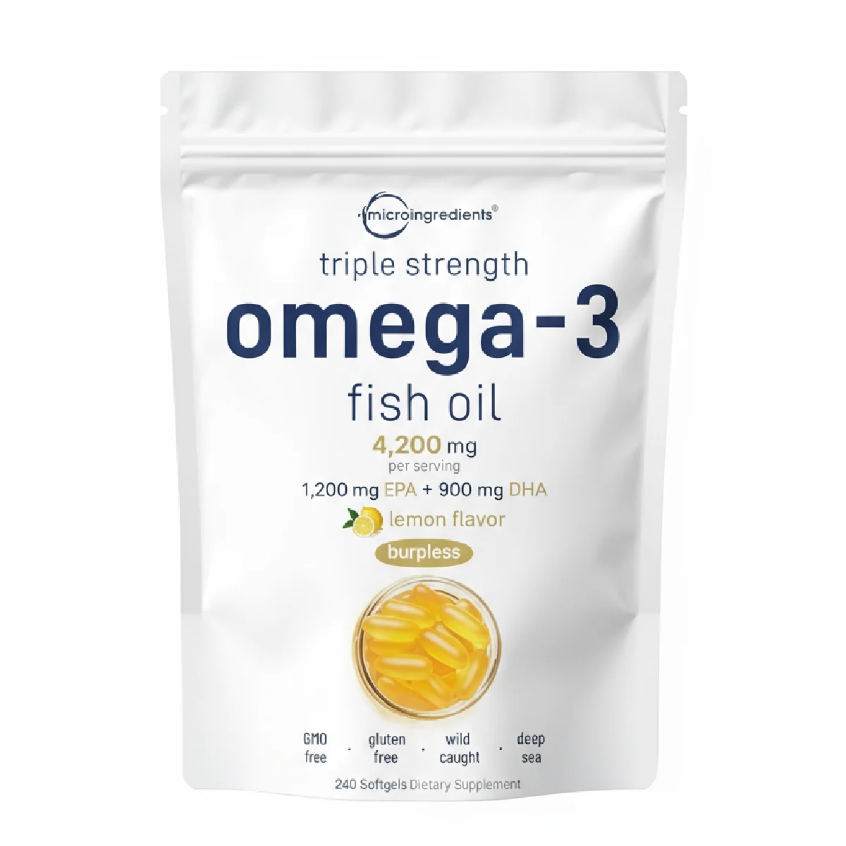 [850015616068] Micro Ingredients Triple Strength Omega-3 Fish Oil 4200mg Lemon Flavor 240 Softgels