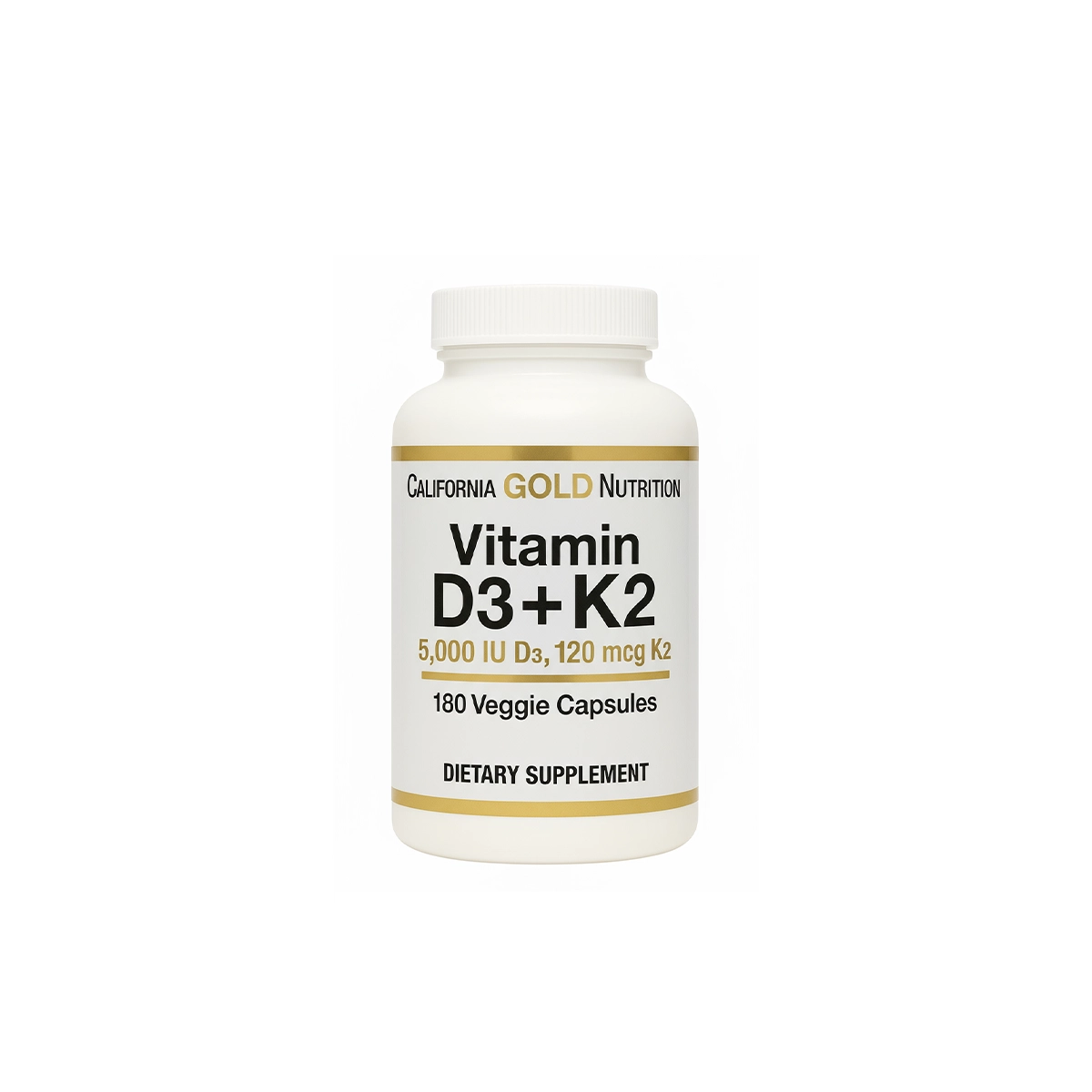 [898220023332] California Gold Nutrition Vitamin D3 + K2 – 5000 IU D3, 120 mcg K2 – 180 Veggie Capsules