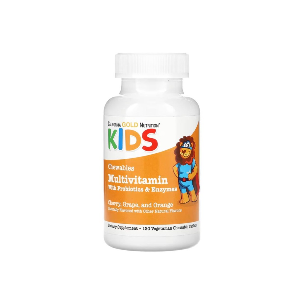 [898220022731] California Gold Nutrition Kids Chewables Multivitamin with Probiotics &amp; Enzymes – Cherry, Grape &amp; Orange – 120 Capsules